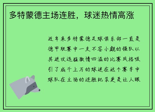 多特蒙德主场连胜，球迷热情高涨