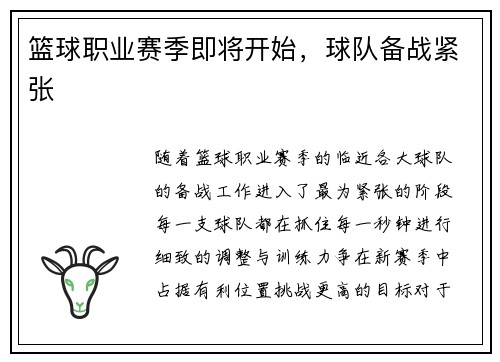 篮球职业赛季即将开始，球队备战紧张