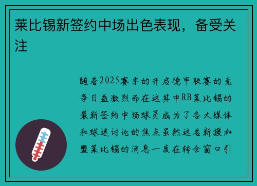 莱比锡新签约中场出色表现，备受关注