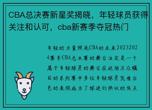 CBA总决赛新星奖揭晓，年轻球员获得关注和认可，cba新赛季夺冠热门