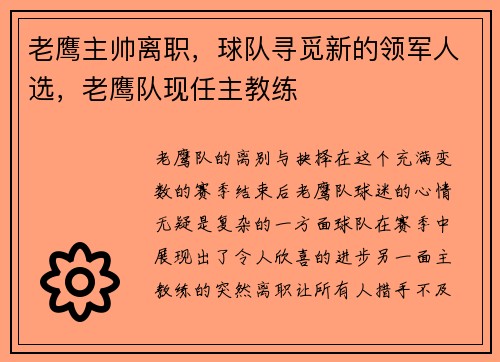 老鹰主帅离职，球队寻觅新的领军人选，老鹰队现任主教练