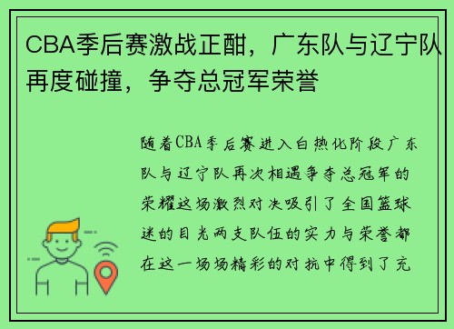 CBA季后赛激战正酣，广东队与辽宁队再度碰撞，争夺总冠军荣誉