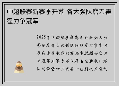 中超联赛新赛季开幕 各大强队磨刀霍霍力争冠军