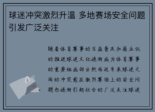 球迷冲突激烈升温 多地赛场安全问题引发广泛关注