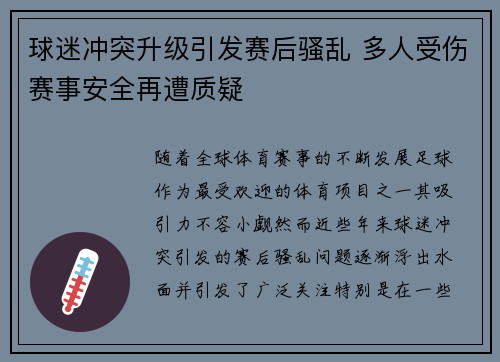 球迷冲突升级引发赛后骚乱 多人受伤赛事安全再遭质疑